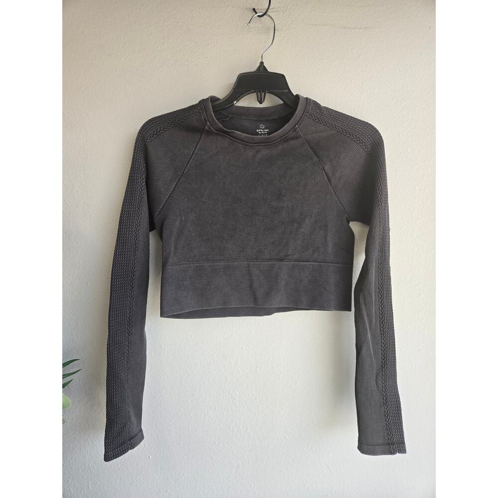 OFFLINE by Aerie Ribbed Seamless Long Sleeve Cropped Athletic Top Black M - Picture 2 of 10